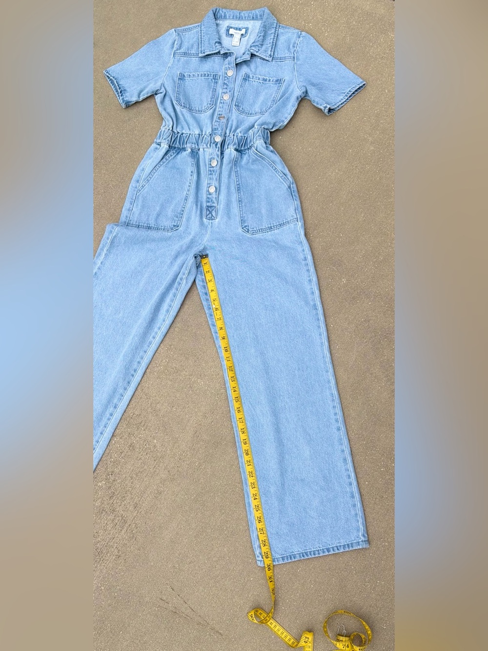 Forever 21 Light Blue Wide-Leg Button Front Short Sleeve Denim Jumpsuit Y2K XS - Picture 12 of 14